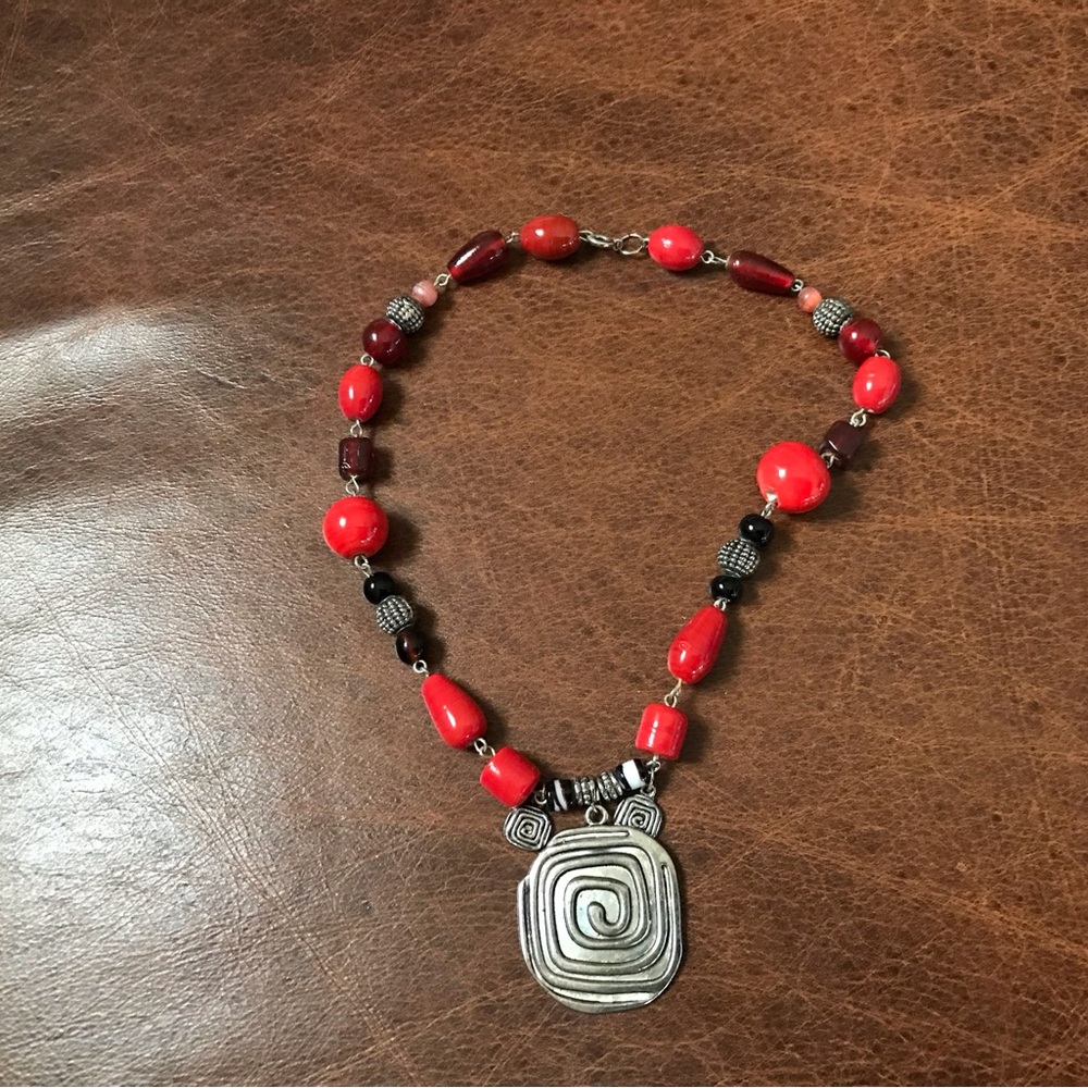 Artisan Red and Silver Spiral Pendant Necklace